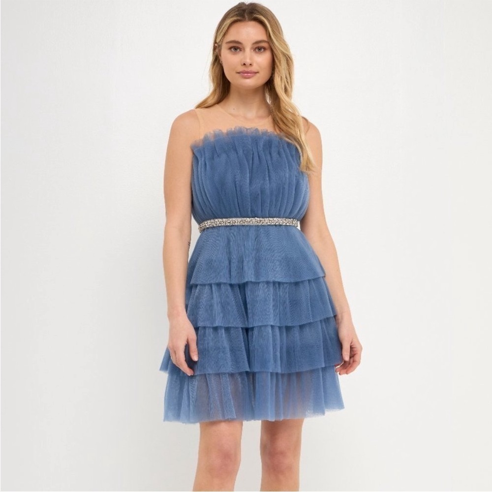 Endless Rose Blue Tulle Tiered Mini Dress With Jeweled Belt Size Small NWT
